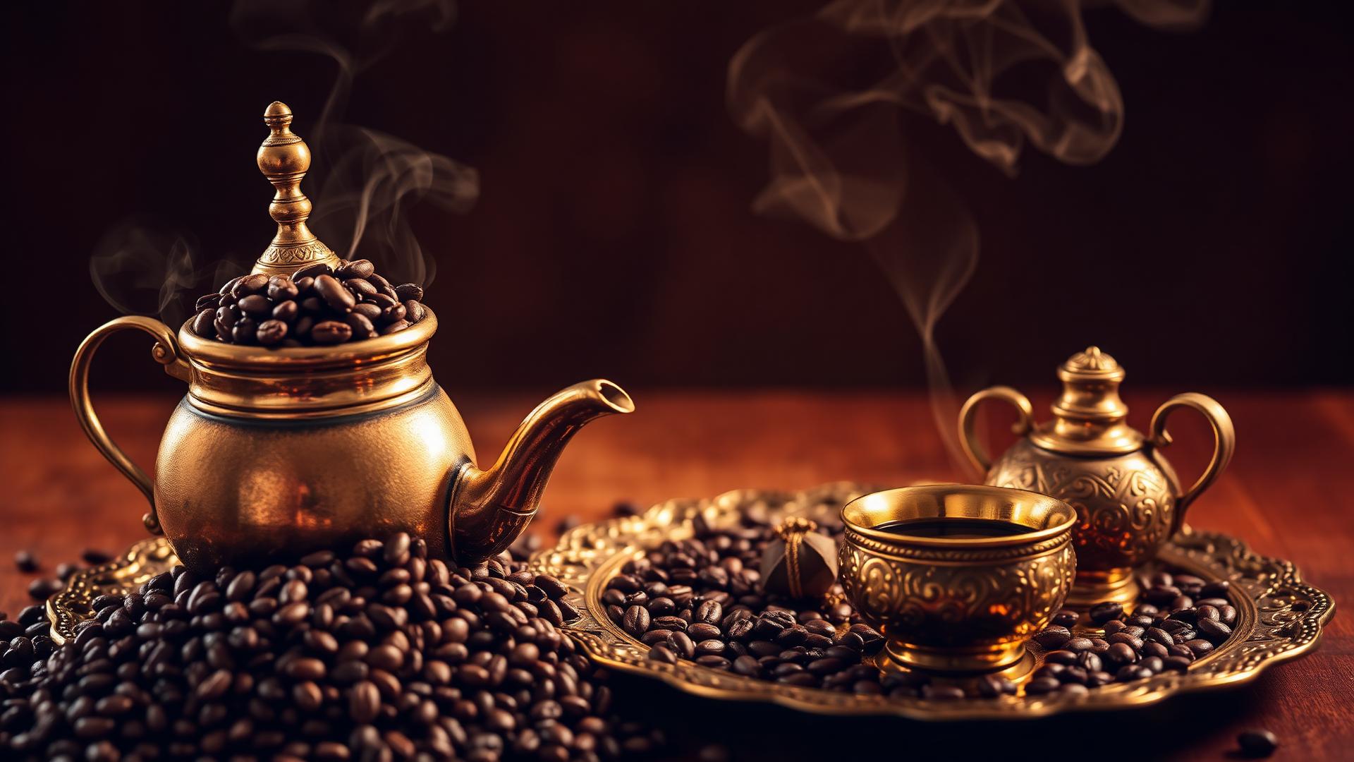 أدوات قهوة عربية نحاسية وحبوب بن طازجة
